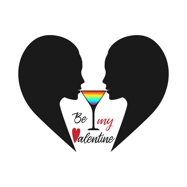 My Valentine, letlettering, LGBT for Valentines Day, girls silhouettes, cocktail, LGBT 색상, 심장 모양. 고립되고, 흰 배경. — 스톡 벡터