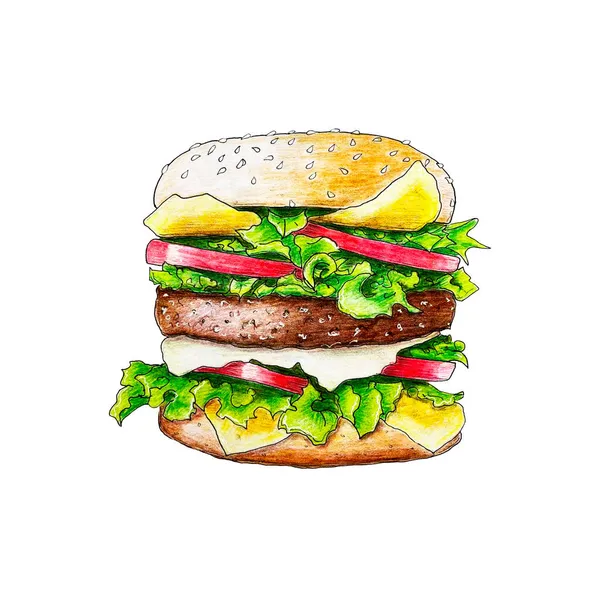 Hamburger çizimi el yapımı kalem çizimi, beyaz arkaplanda illüstrasyon.