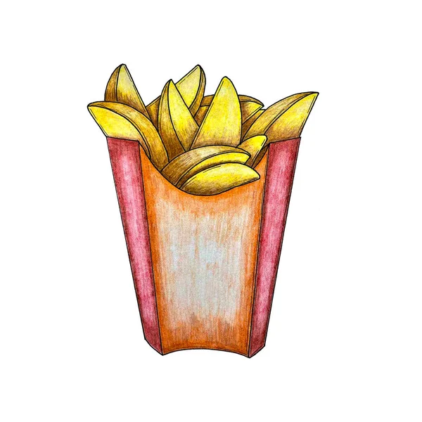 Batatas fritas cunhas em uma caixa, desenho a lápis desenhado à mão, ilustração sobre um fundo branco. — Fotografia de Stock