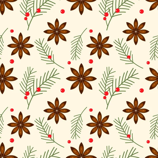Winter Weihnachten Neujahr Muster Sternanis Tanne Zweig Wacholder rote Beere. Hintergrund, Hintergrund, Verpackung, Textilien. — Stockvektor