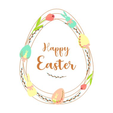 Happy Easter lettering, spring card, eggs rabbit pussy willow twigs nest flower tulip. Congratulation. Isolated. White background.