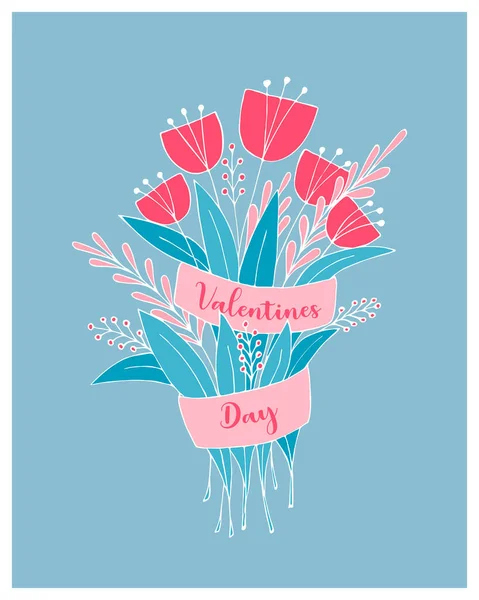Bouquet Valentines Day 파랑 색 낙서, 꽃, 리본 손 그림. 엽서, 배경, 배경, 배경 축하 합니다. 고립되고, 흰 배경. — 스톡 벡터