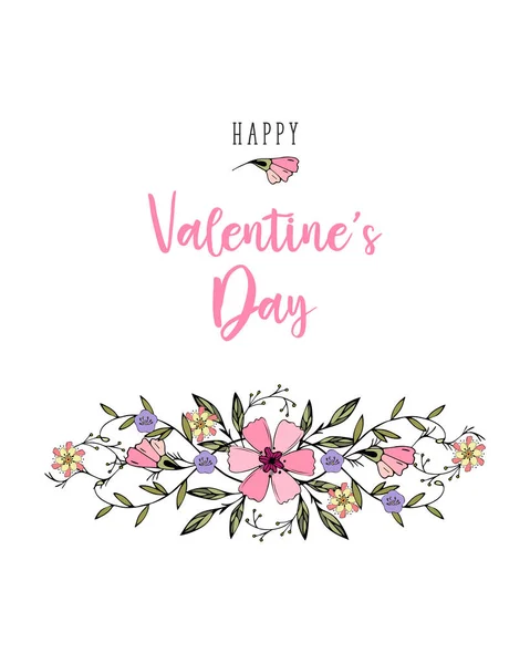 Χαρούμενη Ημέρα του Αγίου Βαλεντίνου Ευχετήρια κάρτα με την επιγραφή, καρδιά, αγάπη, πάθος, εραστές. Ντάντλινγκ λουλούδια ζωγραφισμένα στο χέρι, σε λευκό φόντο. — Διανυσματικό Αρχείο
