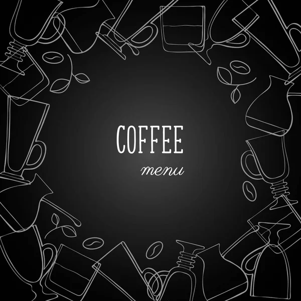 コーヒーメニューボード バナー カップマグカップカプチーノグラスウイスキーコーヒーメーカーコーヒーグラインダー豆 白チョークアウトラインドアの図面 — ストックベクタ