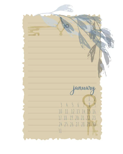 Papel de nota de planificador, lista de tareas pendientes, plantilla, decorado con impresiones de hojas y llaves vintage, forrado, vector, calendario enero 2022. — Vector de stock