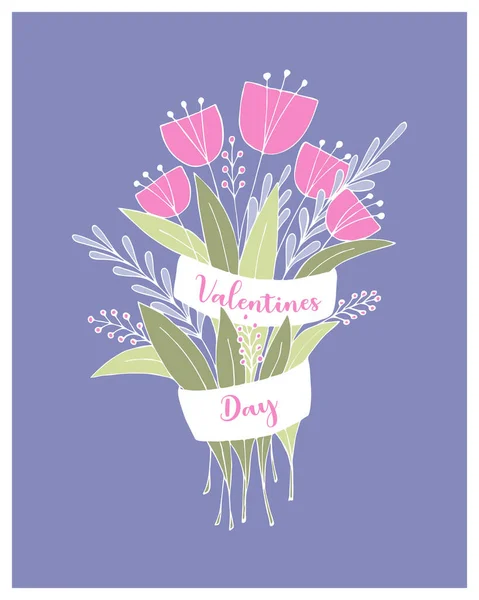 Bouquet Valentines Day Very Peri 색상 낙서, 꽃, 리본 손 그림. 엽서, 배경, 배경, 배경 축하 합니다. — 스톡 벡터