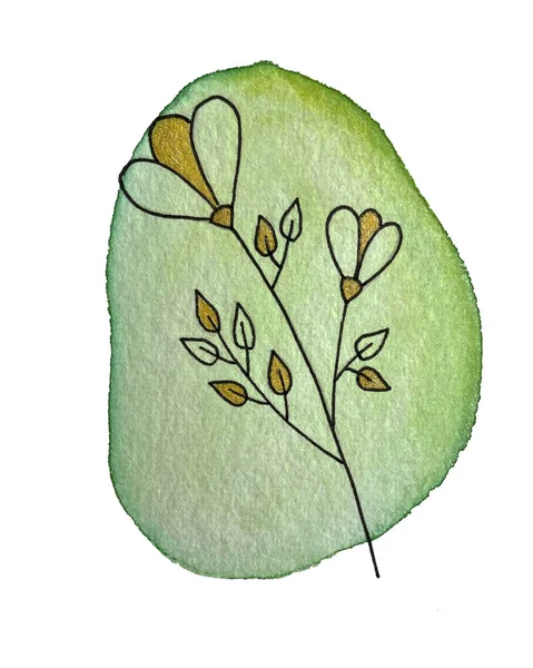 Doodle ramo flor flora fundo aquarela mancha verde. Elemento decorativo. Desenho à mão ilustração — Fotografia de Stock