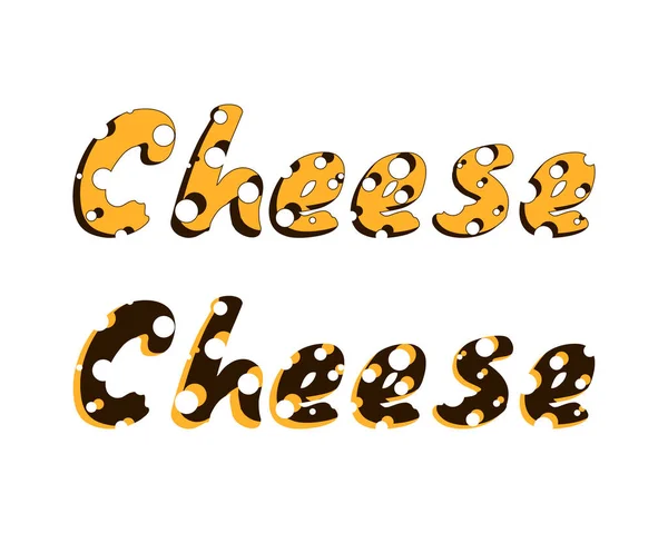 Lettres de fromage avec trous, belle inscription brune Fromage. Isolé, fond d'épinette. — Image vectorielle