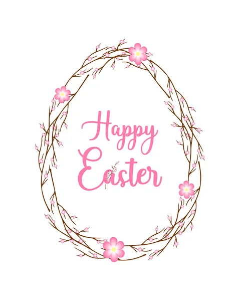 Joyeux œuf de Pâques de brindilles avec des fleurs et une inscription, pinceau branche, carte postale, isolé, sur un fond blanc. — Image vectorielle