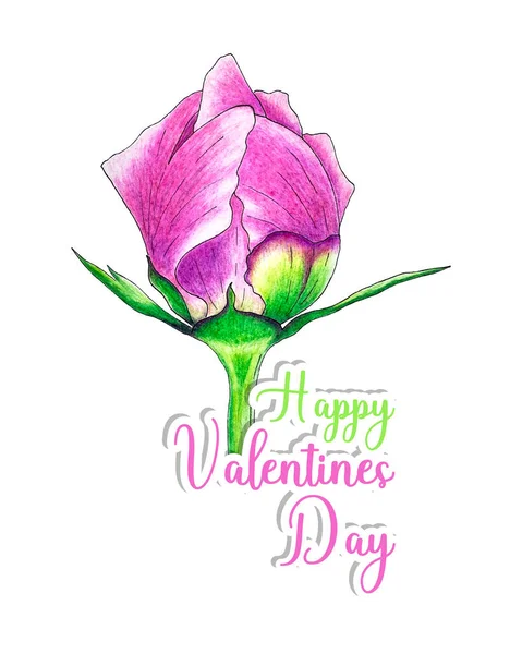 Szczęśliwych Walentynek piwonia pąk i naklejki liternictwo dla wszystkich miłośników, ręcznie ołówek rysunek, szkic, pocztówka, białe tło. — Wektor stockowy