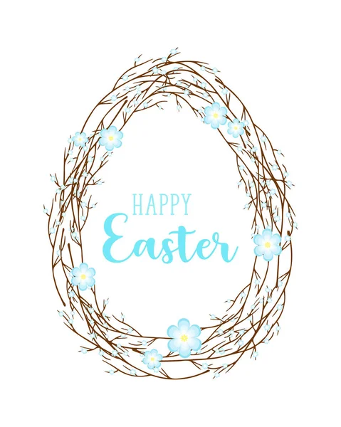Joyeux œuf de Pâques de brindilles avec des fleurs bleues et une inscription, pinceau branche, carte postale, isolé, sur un fond blanc. — Image vectorielle