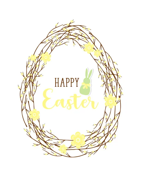 Joyeux œuf de Pâques de brindilles avec des fleurs jaunes et une inscription, pinceau branche, carte postale, isolé, sur un fond blanc. — Image vectorielle