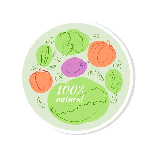 Bubble sticker label tag with doodle vegetables set. 100 natural product, 100 organic, healthy food. Organic food icons in vector. — Stock Vector