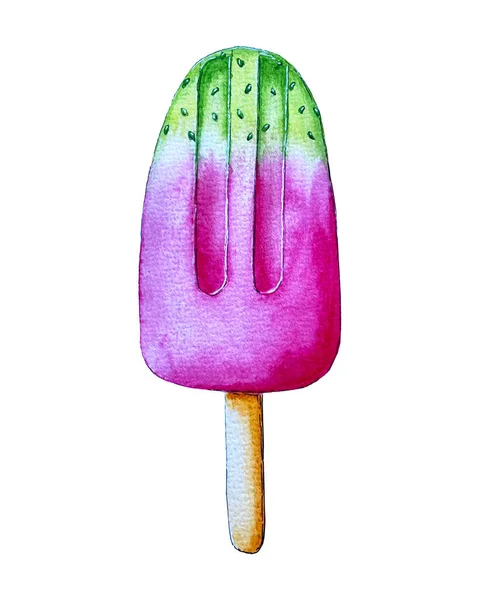 Eis Erdbeer Wassermelone Pistazienkiwi, Handzeichnung Aquarellzeichnung, isoliert, weißer Hintergrund. — Stockvektor