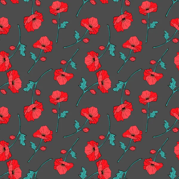 Απρόσκοπτη μοτίβο γκρι φόντο με κόκκινα και μπλε λουλούδια και φύλλα. Εκτύπωση με παπαρούνες. Εικονογράφηση διανύσματος — Διανυσματικό Αρχείο