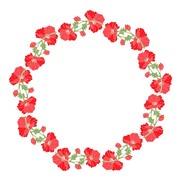 Poppy krans. Blommor, knoppar och blad av vallmo i form av en cirkel. Handritad färg vektor illustration för din design. — Stock vektor