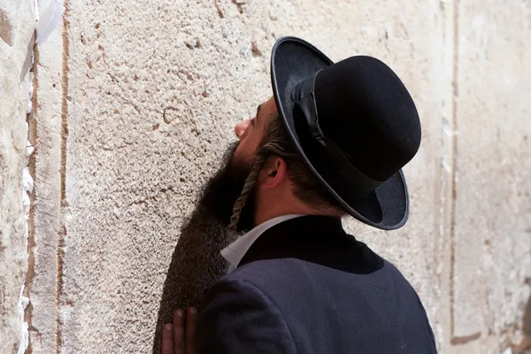 Orthodoxe joodse man bidt op de westelijke muur, Jeruzalem — Stockfoto