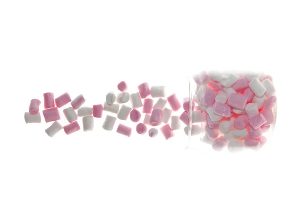 Open glazen pot van roze en witte marshmallow — Stockfoto