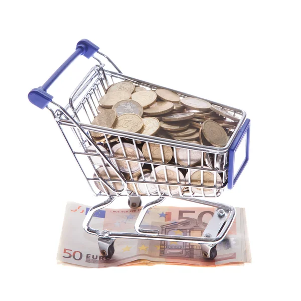 Shopping cart Euro notes and euro coins isolated on white — Stock Photo, Image