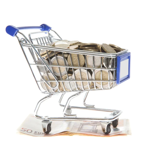 Shopping cart Euro notes and euro coins isolated on white — Stock Photo, Image