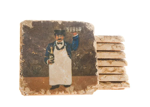 Hand painted tile of waiter and wine — Stock Photo, Image