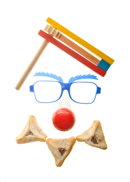 Clown face Purim arrangement with Hamentashen — Stock Photo, Image