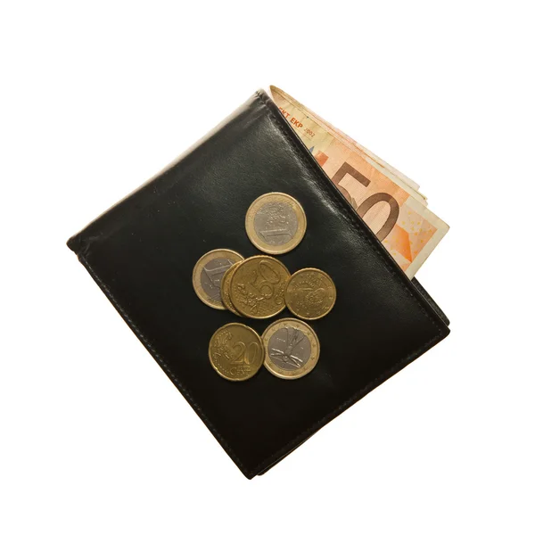 Zwarte lederen portefeuille met eurobiljetten en -munten — Stockfoto