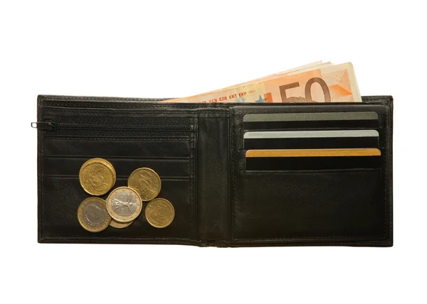 Zwarte lederen portefeuille met euro-bankbiljetten, munten en credit cards — Stockfoto