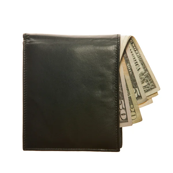 Schwarze Ledertasche mit Dollarnoten — Stockfoto