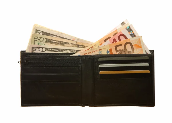 Черный кожаный бумажник с банкнотами евро и доллара — стоковое фото