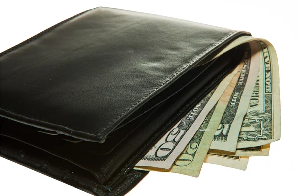 Portefeuille en cuir noir avec billets de dollar — Photo