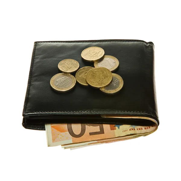 Geldbörse aus schwarzem Leder mit Euro-Scheinen und Münzen — Stockfoto