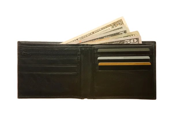 Black leather wallet with Dollar notes — Stock Photo, Image