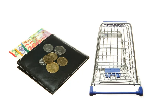 Černá kožená peněženka s lotu bankovek a mincí a nákupního košíku — Stock fotografie