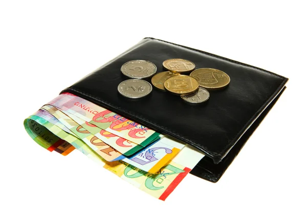 Schwarze Ledertasche mit Schekel-Scheinen und Münzen — Stockfoto