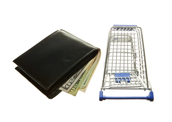 Shopping cart and wallet with dollar notes — Stock Photo, Image
