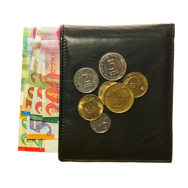Portefeuille en cuir noir avec billets et pièces en shekel — Photo