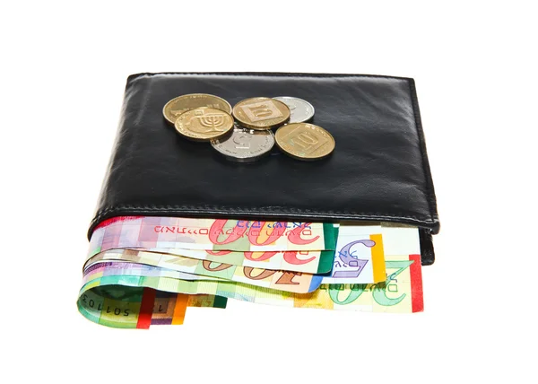 Schwarze Ledertasche mit Schekel-Scheinen und Münzen — Stockfoto