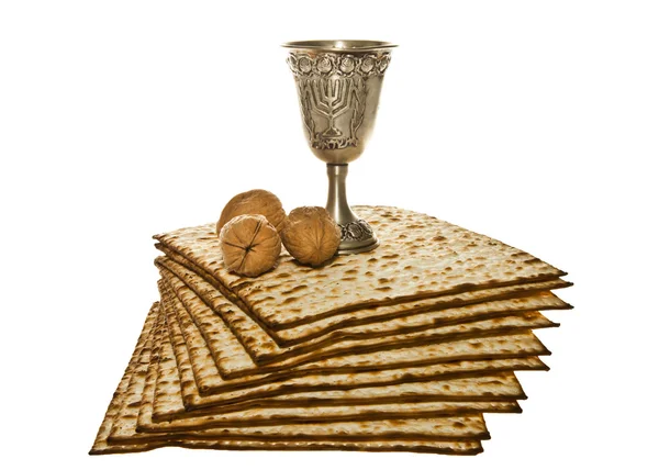 Matzo silver Kiddush cup three walnuts and Yarmulke — Stock Photo, Image