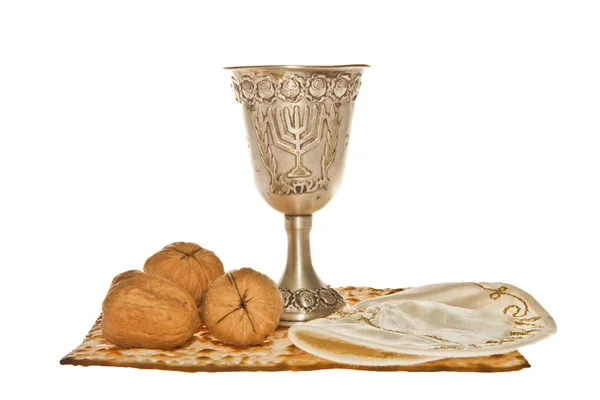 Matzo silver Kiddush cup three walnuts and Yarmulke — Stock Photo, Image