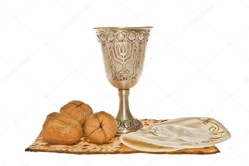 Matzo silver Kiddush cup three walnuts and Yarmulke