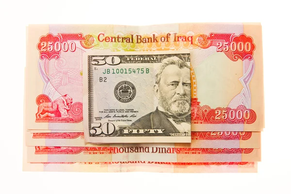 Iraqi Dinars and American Dollar — Stock Photo, Image