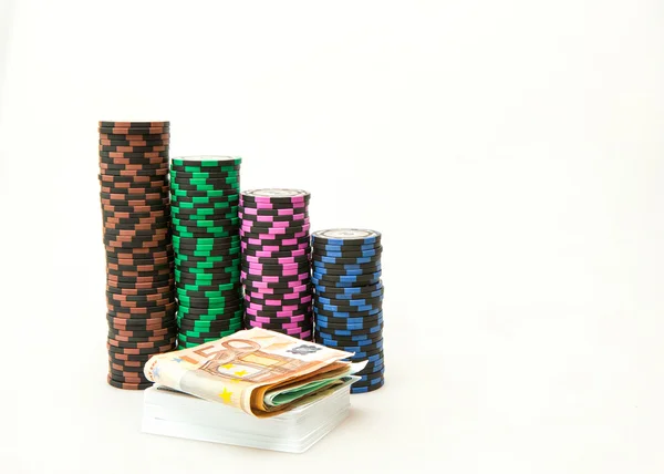 Casino chips euróbankjegyek és a kocka — Stock Fotó