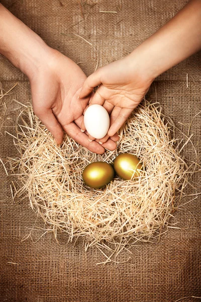 Men and women hands putting white egg to nest with golden eggs — Stock Photo, Image