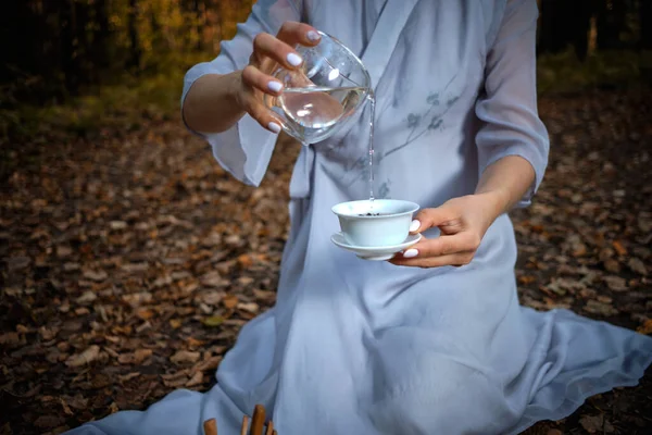 Une fille dans un kimono bleu se trouve dans la forêt d'automne et prépare le thé Images De Stock Libres De Droits