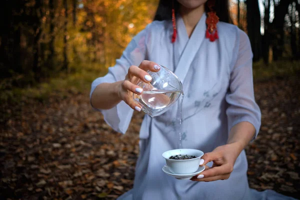 Une fille dans un kimono bleu se trouve dans la forêt d'automne et prépare le thé Image En Vente