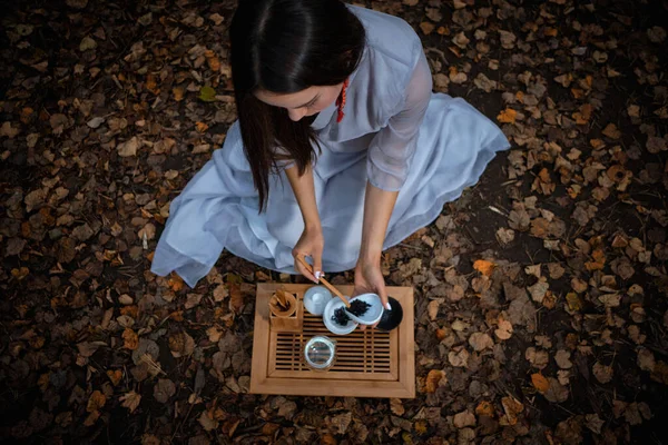 Une fille dans un kimono bleu se trouve dans la forêt d'automne et prépare le thé Photos De Stock Libres De Droits