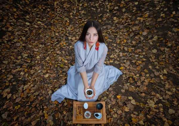 Dziewczyna w niebieskim kimono siedzi w jesiennym lesie i przygotowuje herbatę Obrazek Stockowy