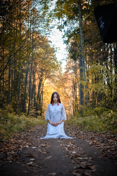 Dziewczyna w niebieskim kimono siedzi w jesiennym lesie i przygotowuje herbatę Zdjęcia Stockowe bez tantiem