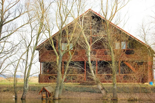 孤零零的两层村舍 带着光滑的屋顶 在池塘边 湖中的秋林中 Croft Crofter Residence Small Holding 枯树分枝 — 图库照片